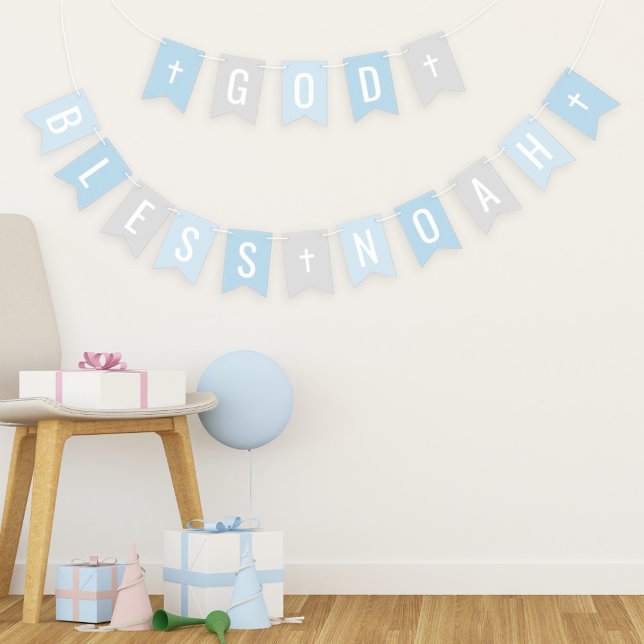 God Bless Blue and Grey Custom Name Baptism Bunting (Creator Uploaded)