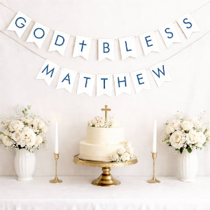 God Bless Blue & White 7 Letters Baptism Communion Bunting