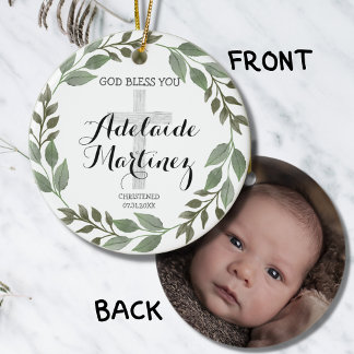 God Bless Christening Baptism Green Botanical Ceramic Tree Decoration