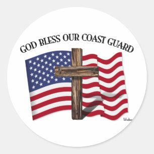 GOD BLESS COAST GUARD with rugged cross & US flag Classic Round Sticker