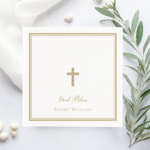 God Bless Gold Cross Boy Baptism Napkin