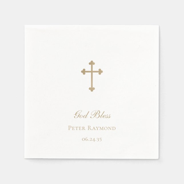 God Bless Gold Cross Boy Baptism Napkin (Front)