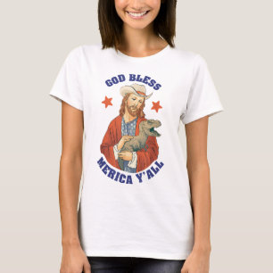 God Bless Merica Y'all Jesus Dinosaur Cowboy Hat T-Shirt