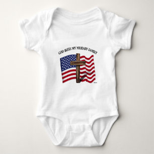 GOD BLESS MY MILITARY FAMILY rugged cross, US flag Baby Bodysuit