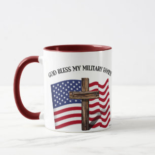GOD BLESS MY MILITARY FAMILY rugged cross, US flag Mug