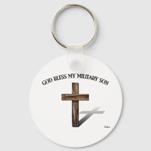 GOD BLESS MY MILITARY SON with rugged cross Key Ring