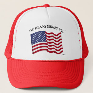 GOD BLESS MY MILITARY WIFE with US flag Trucker Hat