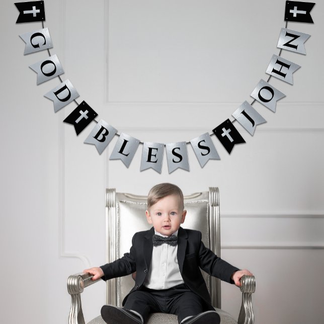 God Bless Name Black Silver Cross Boy Confirmation Bunting (Creator Uploaded)