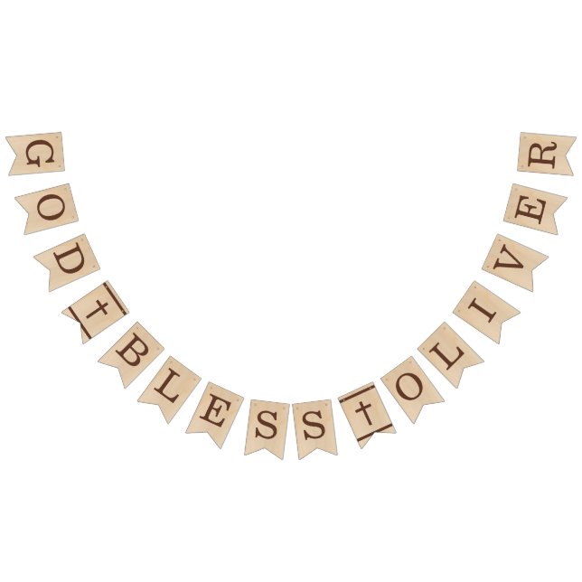 God Bless Name Brown Wood Baptism First Communion Bunting (All)