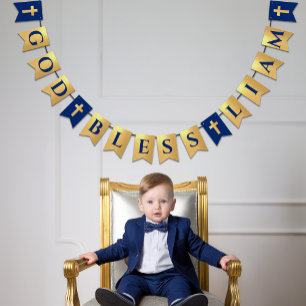 God Bless Name Gold Royal Blue Baptism Communion Bunting