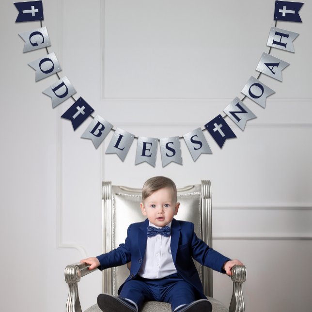 God Bless Name Silver Navy Blue Baptism Communion Bunting (Creator Uploaded)