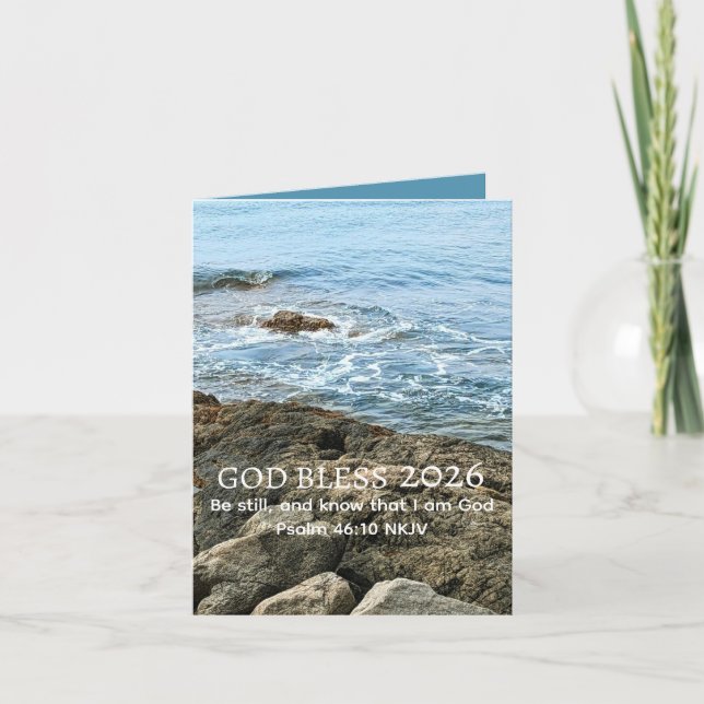 God Bless New Year 2026 Peaceful Blue Sea Photo Card (Front)