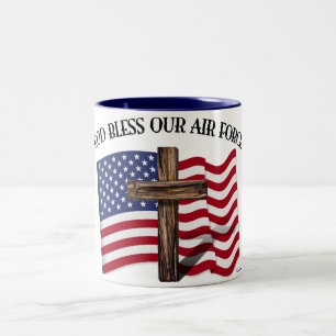 GOD BLESS OUR AIR FORCE with rugged cross, US flag Two-Tone Coffee Mug
