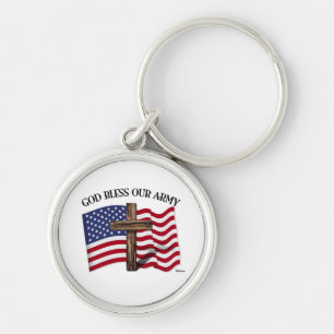GOD BLESS OUR ARMY with rugged cross & US flag Key Ring