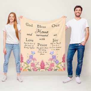 God Bless Our Home Beige Floral Wildflowers Fleece Blanket