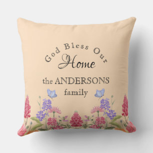 God Bless Our Home Beige Wildflower Family Name Cushion