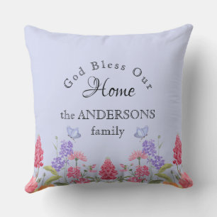 God Bless Our Home Blue Wildflower Family Name Cushion