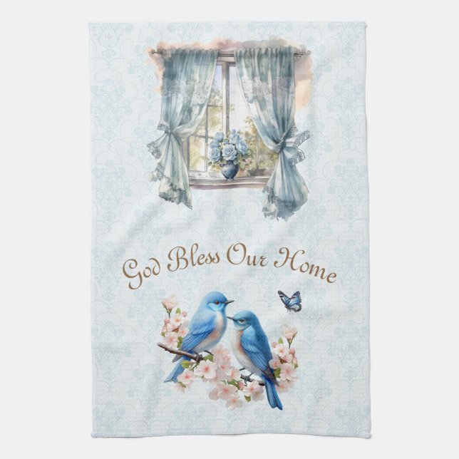 God Bless Our Home Bluebird Floral Damask Tea Towel (Vertical)