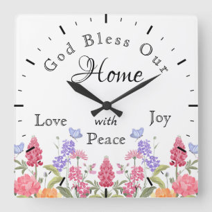 God Bless Our Home Floral Wildflowers White Square Wall Clock