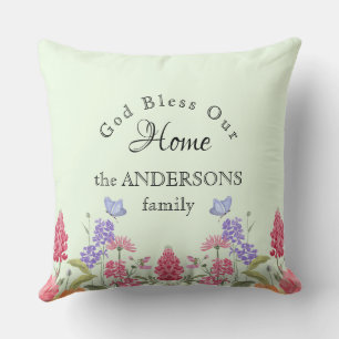 God Bless Our Home Green Wildflower Family Name Cushion