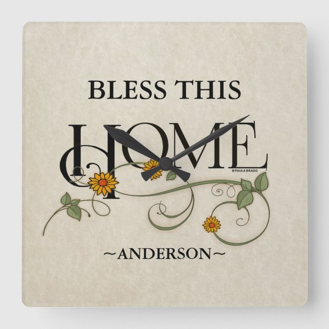 God Bless Our Home: Personalised Square Wall Clock (Front)