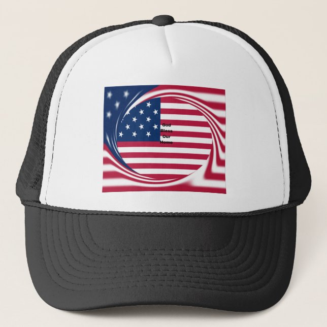 God Bless Our Home: USA Flag Swirl Art Trucker Hat (Front)