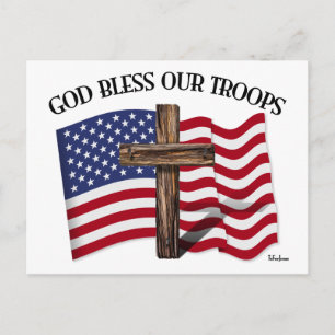 God Bless Our Troops with rugged cross and US flag Postcard