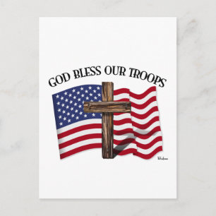 God Bless Our Troops with rugged cross and US flag Postcard