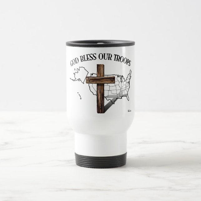 God Bless Our Troops with rugged cross & US outine Travel Mug (Center)