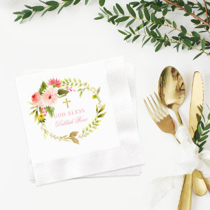 God Bless Pink Gold Floral Wreath Baptism Napkin