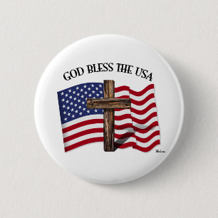 GOD BLESS THE USA with rugged cross & US flag 6 Cm Round Badge