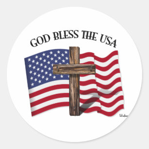 GOD BLESS THE USA with rugged cross & US flag Classic Round Sticker