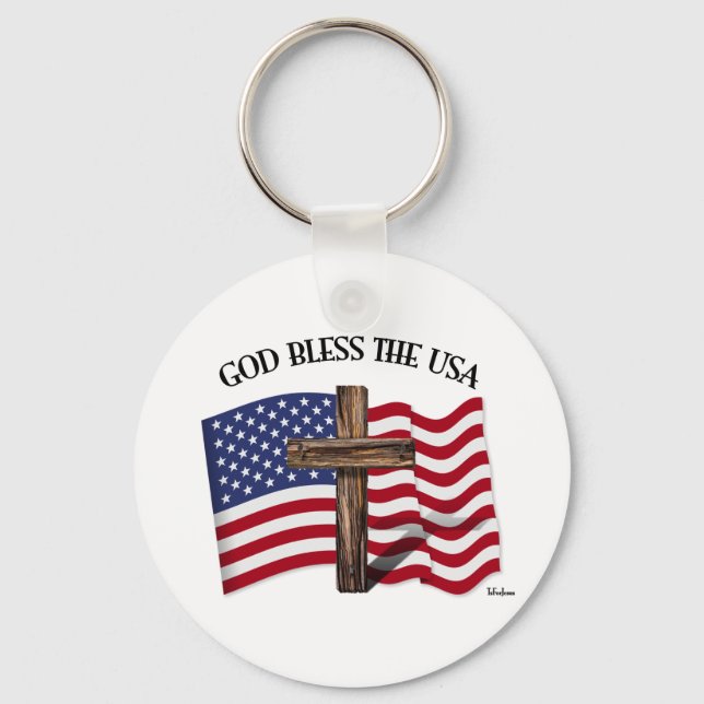 GOD BLESS THE USA with rugged cross & US flag Key Ring (Front)