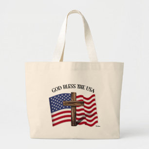 GOD BLESS THE USA with rugged cross & US flag Large Tote Bag