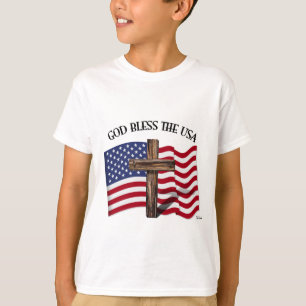 GOD BLESS THE USA with rugged cross & US flag T-Shirt