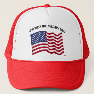 GOD BLESS THIS MILITARY BRAT with US flag Trucker Hat