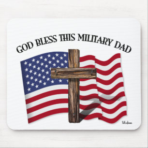 GOD BLESS THIS MILITARY DAD rugged cross & US flag Mouse Pad