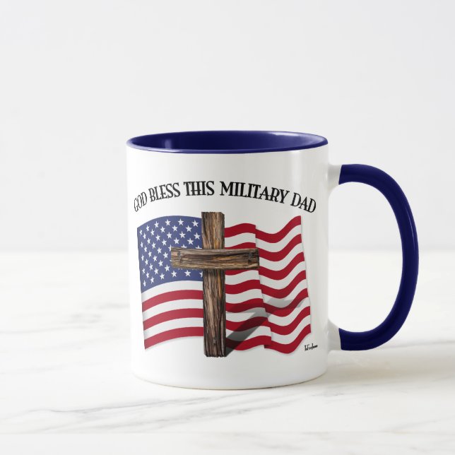 GOD BLESS THIS MILITARY DAD rugged cross & US flag Mug (Right)