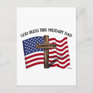 GOD BLESS THIS MILITARY DAD rugged cross & US flag Postcard