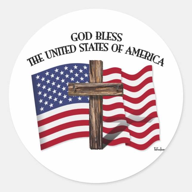 GOD BLESS UNITED STATES OF AMERICA cross US flag Classic Round Sticker (Front)