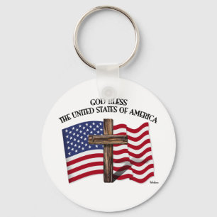 GOD BLESS UNITED STATES OF AMERICA cross US flag Key Ring