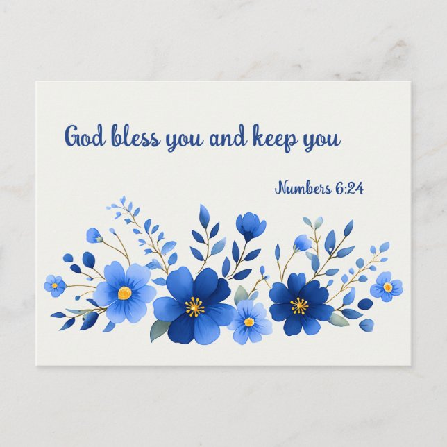 God Bless You Blue Floral Scripture  Postcard (Front)