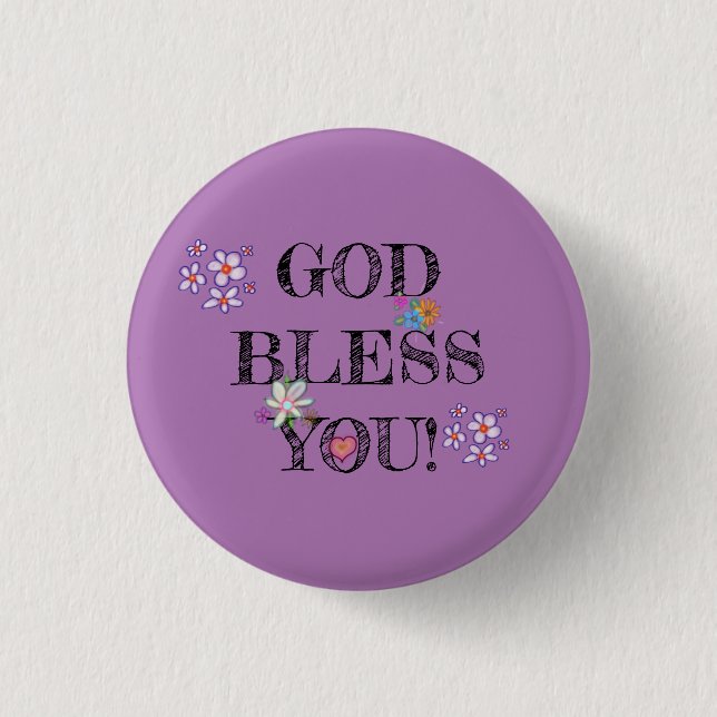 ‘God Bless You’ Christian Floral Purple  3 Cm Round Badge (Front)