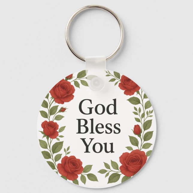 God Bless You Religious Rose Floral Key Ring (Front)