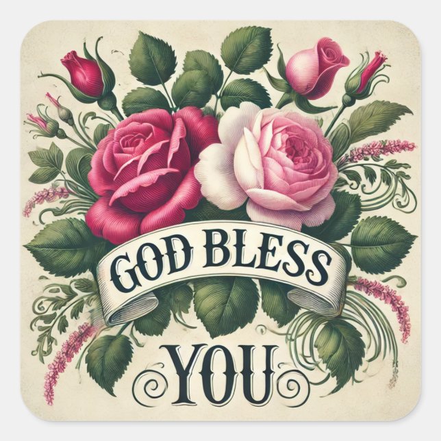 God Bless You Roses Vintage  Square Sticker (Front)