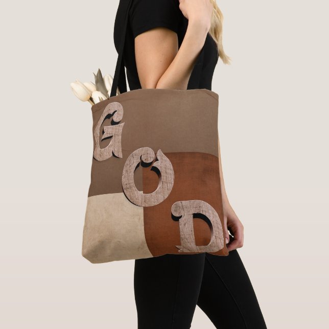 "GOD" bold statement Beige & Brown Shoulder Tote Bag (Close Up)