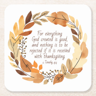 God Created Good   Thanksgiving Wreath   Neutrals Square Paper Coaster