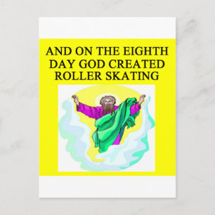 god created roller skating postcard