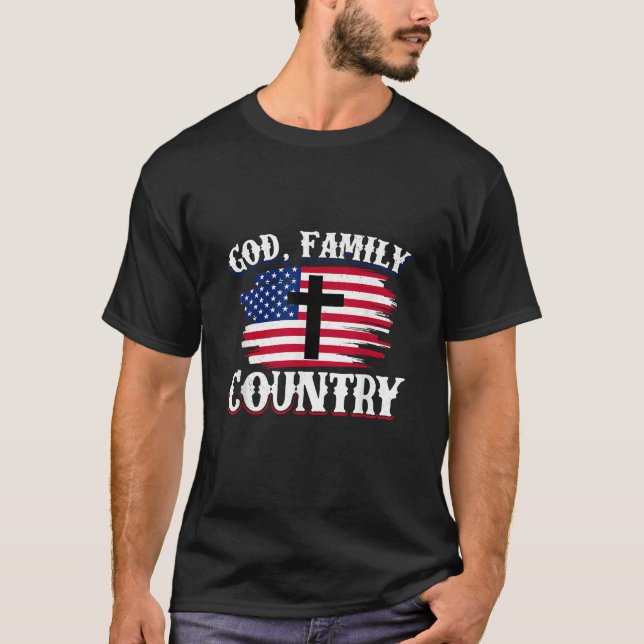God Family Country American Flag Cross Christian P T-Shirt (Front)