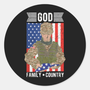 God Family Country American Us Flag Soldier Memori Classic Round Sticker